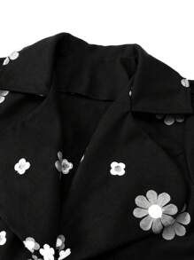 SHEIN Clasi 大码女式花卉图案长袖翻领优雅针织外套，秋冬 - 黑色 - 查看 5