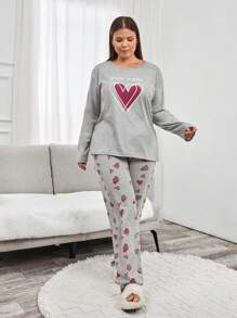 Loomlin 2Pcs Plus Size Cotton Heart Printed PJ Set - Grey - View 3