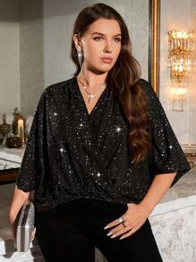 SHEIN Essnce Vestido formal elegante de fiesta para mujer talla grande, ropa navideña, ropa de Acción de Gracias, atuendos navideños, camisa de manga larga negra brillante con mangas sueltas de murciélago, blusa negra sexy, vestido de fiesta navideña, camisa navideña, camisa de Acción de Gracias
