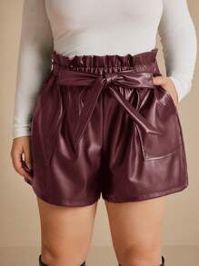 SHEIN Frenchy Plus Size Solid Color Front Tie Pocket Pleated Simple Casual Shorts - Burgundy - View 1
