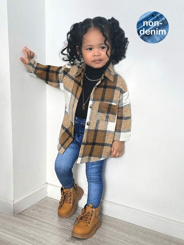 SHEIN 3pcs Set Baby Girls Plaid Shirt, Knitted Top And Long Pants, Autumn/Winter Outfit