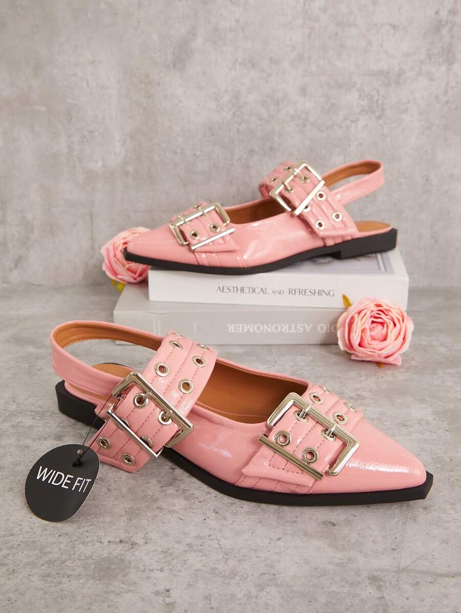 SHUZIA 女式宽版粉色 Pat 露跟尖头平底鞋：全天舒适，配有粗扣、索环，精致朋克风格，适合秋冬季节的圣诞假期度假氛围 - 粉色 - 查看 1