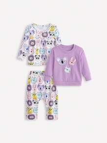 SHEIN 3pcs Baby Girl Autumn Casual Animal Print Sweatshirt Set With Long Sleeve Top And Elastic Waist Pants