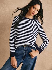 Poéselle Sọc Tay Raglan Áo thun - Màu xanh hải quân - Xem 2