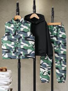 SHEIN Tween Boy Solid Color Long Sleeve Top, Buttoned Front Sleeveless Camo Jacket And Pants 3 Piece Casual Set