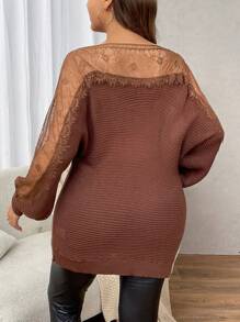 SHEIN Clasi Plus Size Women Elegant Off-Shoulder Flower Hem Knitted Sweater Top, Autumn/Winter - Coffee Brown - View 2