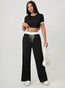 SHEIN PETITE Women's Summer Sexy Color-Blocked Round Neck Short-Sleeved T-Shirt + High-Waisted Lace-Up Trousers Two-Piece Set