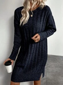 SHEIN LUNE 女士纯色落肩宽松开衩罗纹针织毛衣连衣裙