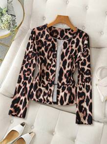 SHEIN LUNE Leopard Print Elegant Long Sleeve Lightweight Jacket For Autumn - Coffee Brown - View 1