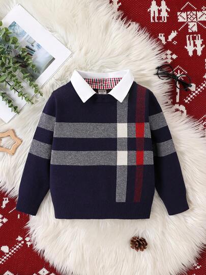 SHEIN Young Boy Colorblock Striped Print Collar Casual Long Sleeve Knit Sweater