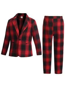 SHEIN 2 件套休闲绅士格子长袖西装外套和格子长裤，适合日常穿着、上学、旅行、婚礼、正式场合、春季和秋季 - 紅色 - 查看 5