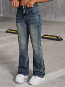 SHEIN Jeans flare in vita alta per ragazze, stile Y2K vintage, lavaggio a effetto grinzoso, outfit casual streetwear per ragazze, look autunnale per il ritorno a scuola