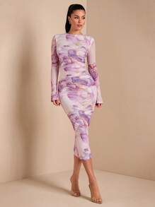 SHEIN BAE Váy dài tay ôm sát in họa tiết đá cẩm thạch thanh lịch dành cho nữ, mùa thu - Màu tím hoa cà - Xem 5