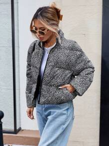 SHEIN LUNE 女士休闲波尔卡圆点豹纹短款保暖立领口袋羽绒服，秋冬