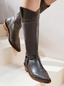 Cuccoo 女士尖头粗跟金属装饰简约休闲过膝靴 - 深灰色 - 查看 1