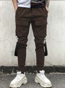 Manfinity LEGND Men's Flap Pocket Buckle Detail Drawstring Waist Loose Cargo Pants - Coffee Brown - View 4