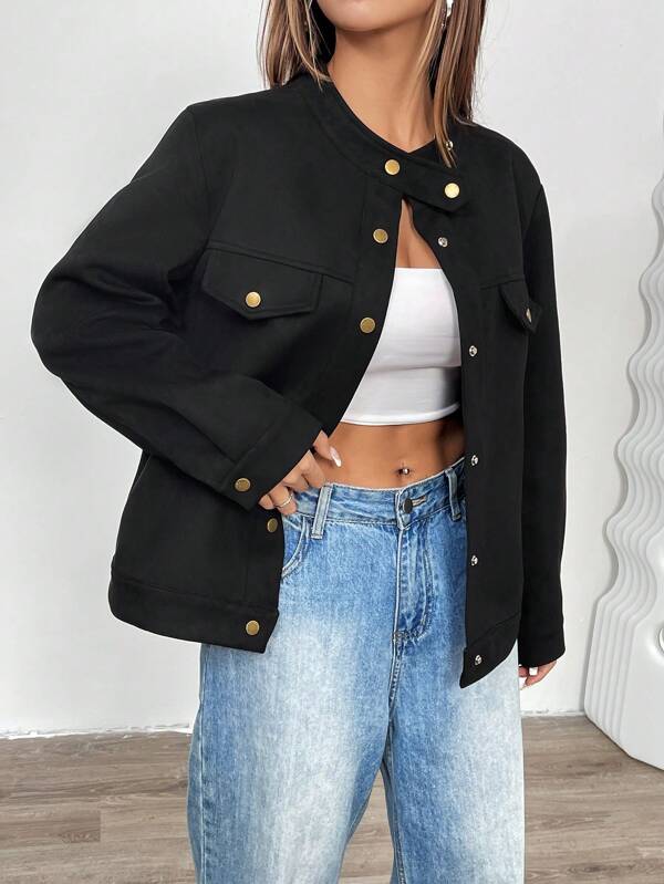 Flirla Vintage Stand Collar Black Suede Casual Outerwear, Stylish And Slimming, Suitable For Autumn/Winter Fall Cloth For Women