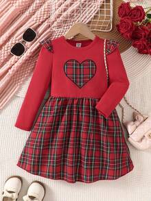Young Girl' Heart Embroidery Ruffled Plaid Christmas Dress - Red - View 3