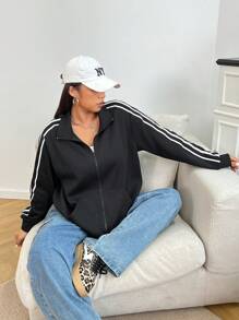 SHEIN EZwear Áo khoác hoodie đen chắp vá tay áo cỡ lớn cho nữ - màu đen - Xem 3