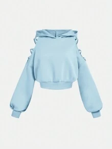 SHEIN Girlism 少女露背露肩印花卫衣，带耳朵设计，休闲纯色，秋冬季款 - 淺藍色 - 查看 3
