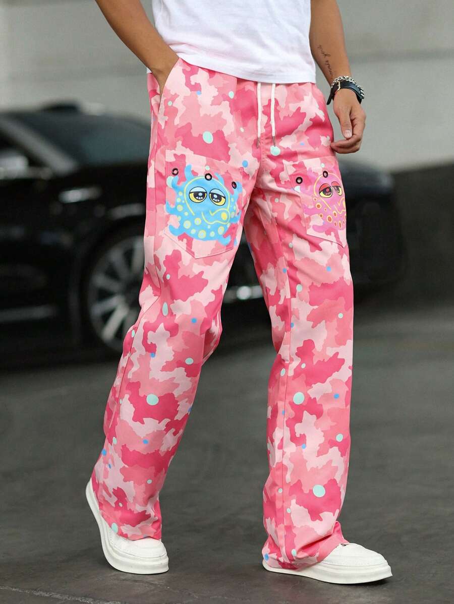 Manfinity LEGND 男士简约系带前口袋印花休闲长裤，日常穿着 - 彩色 - 查看 1