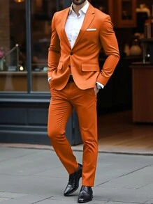 Manfinity Mode 男士纯色前扣长袖西装外套和口袋西装裤套装 - 棕色 - 查看 1