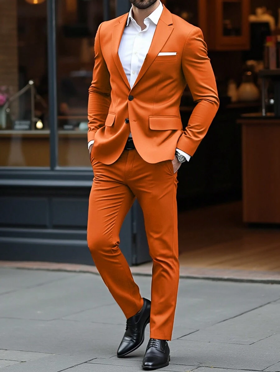 Manfinity Mode 男士纯色前扣长袖西装外套和口袋西装裤套装 - 棕色 - 查看 1