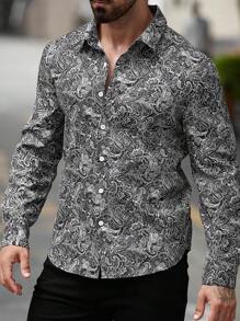 Manfinity LEGND Plus Size Men Casual Everyday Paisley Print Button Front Long Sleeve Shirt, Autumn, Street Wear, Going Out, Fancy Shirts For Men