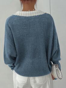 DAZY Women Contrast Color Collar Long Sleeve Pullover Sweater,Fall Clothes - Blue - View 2