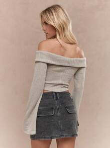 MISSGUIDED Textured Knitted Fold Over Long Flared Sleeves Crop Bardot Top - Grey - View 2