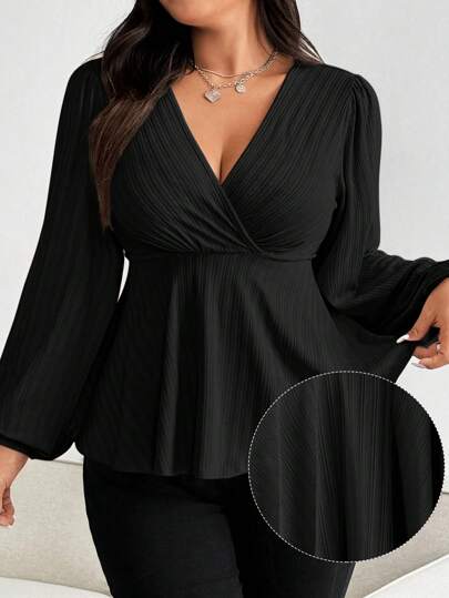 Vionelle Plus Size Women Wrinkled V-Neck Puff Sleeve Long Sleeve Textured Knit Hem Casual T-Shirt In Apricot Fall Cloth For Women