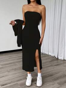 Chiquease 2pcs/Set Solid Color High Slit Thigh Long Dress And Front Opening Cardigan - Black - View 3