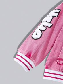 Young Girl Vintage American Style Street Fashion Colorblock Striped Ribbed Teddy Bear Letter Embroidery Collar Long Sleeve Pink Baseball Jacket