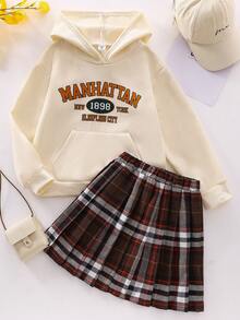 Tween Girls 2pcs Set - Contrast Color Print Hoodie Sweatshirt & Pleated Academy Style Skirt Fall Winter