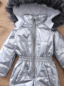 Young Girl's Plush Hooded Silver Fleece Jumpsuit, Warm & Cool Y2K Fashion Casual Outdoor Coverall, New Winter Collection