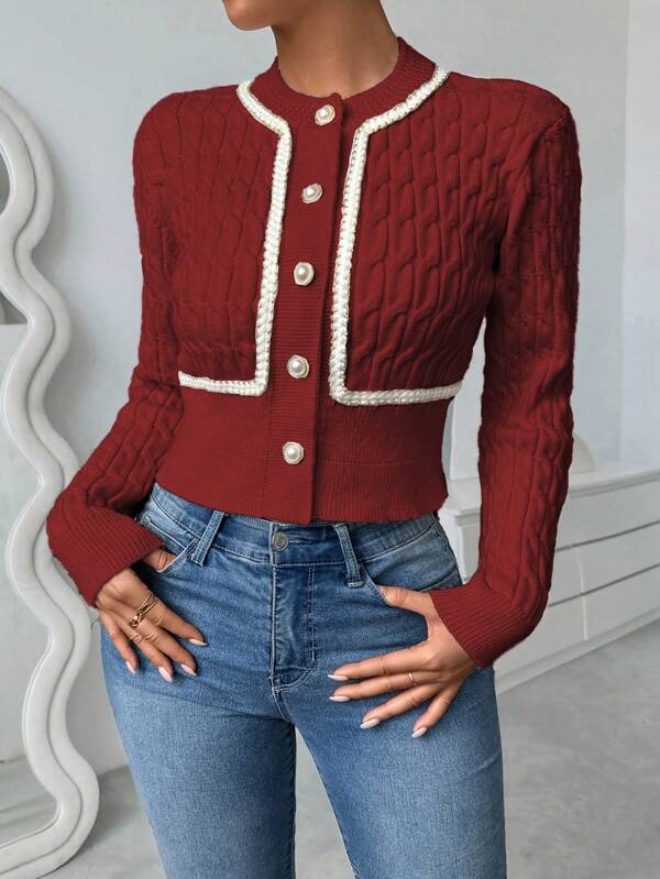 Chiquease Twist Knot Lattice Metallic Trim Cropped Cardigan Fall Cloth For Women