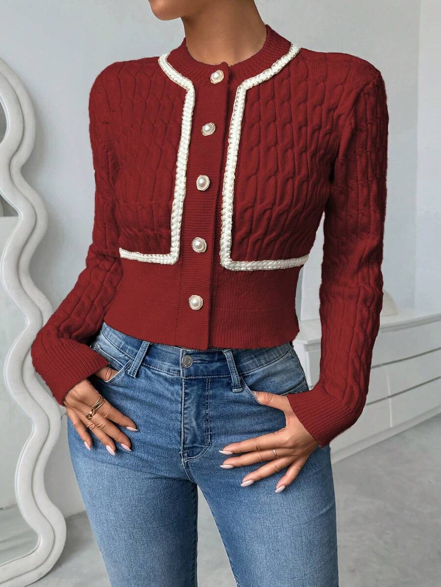 SHEIN Unity 扭结格子金属边短款开衫 - 酒紅色 - 查看 1