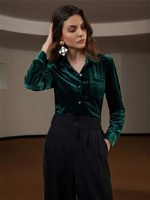 Aveloria Modichic Áo sơ mi cài nút tay dài thanh lịch kiểu Pháp dành cho nữ Áo sơ mi cài nút dành cho nữ thanh lịch dành cho nữ - Màu xanh lá cây đậm - Xem 4