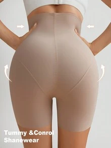 女士无缝高弹力腰腹控制紧身裤/紧身裤 - 杏色 - 查看 8