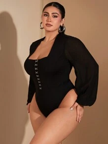 SHEIN BAE Plus Size Curve Big Woman Sexy Elegant Party Birthday Black Large Square Collar Buttoned Chiffon Puff Sleeve Bodysuit Long Sleeve Bodysuit Fall And Winter Bodysuit - Black - View 3