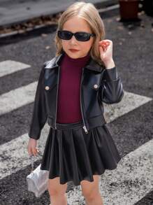 Elladie kids 3pcs Young Girls Casual Black Long Sleeve Round Neck Faux Leather Jacket + Burgundy Turtleneck Top + Mini Skirt Outfit, Sweet&Cool Style, Autumn/Winter - Black - View 4