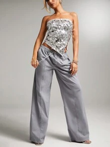 SHEIN BAE Grey Minimalist Everyday Fashion Casual Drawstring Waist Low Rise Wide Leg Lounge Pants For Women, Fall