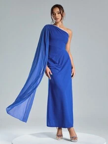 SHEIN Belle Đầm dạ hội trang trọng xếp ly một bên vai thắt eo thanh lịch cho quý cô, mùa thu - Màu xanh lam - Xem 6