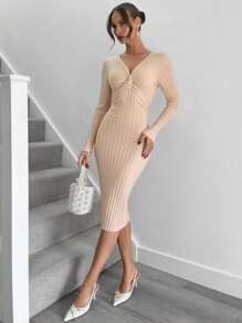 Calvaya V-Neck Mid-Length Fitted Elegant & Versatile Knit Dress, Flattering & Graceful Design, Autumn/Winter