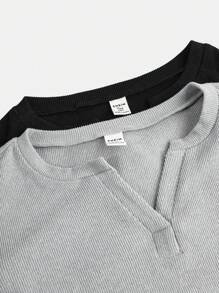 SHEIN 2Pcs Teen Girl V Neck Design Basic Ribbed Long Sleeve T-Shirt