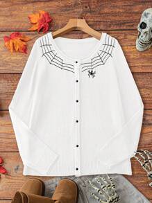 大码蜘蛛印花前扣针织开衫，休闲日常穿着，秋冬季