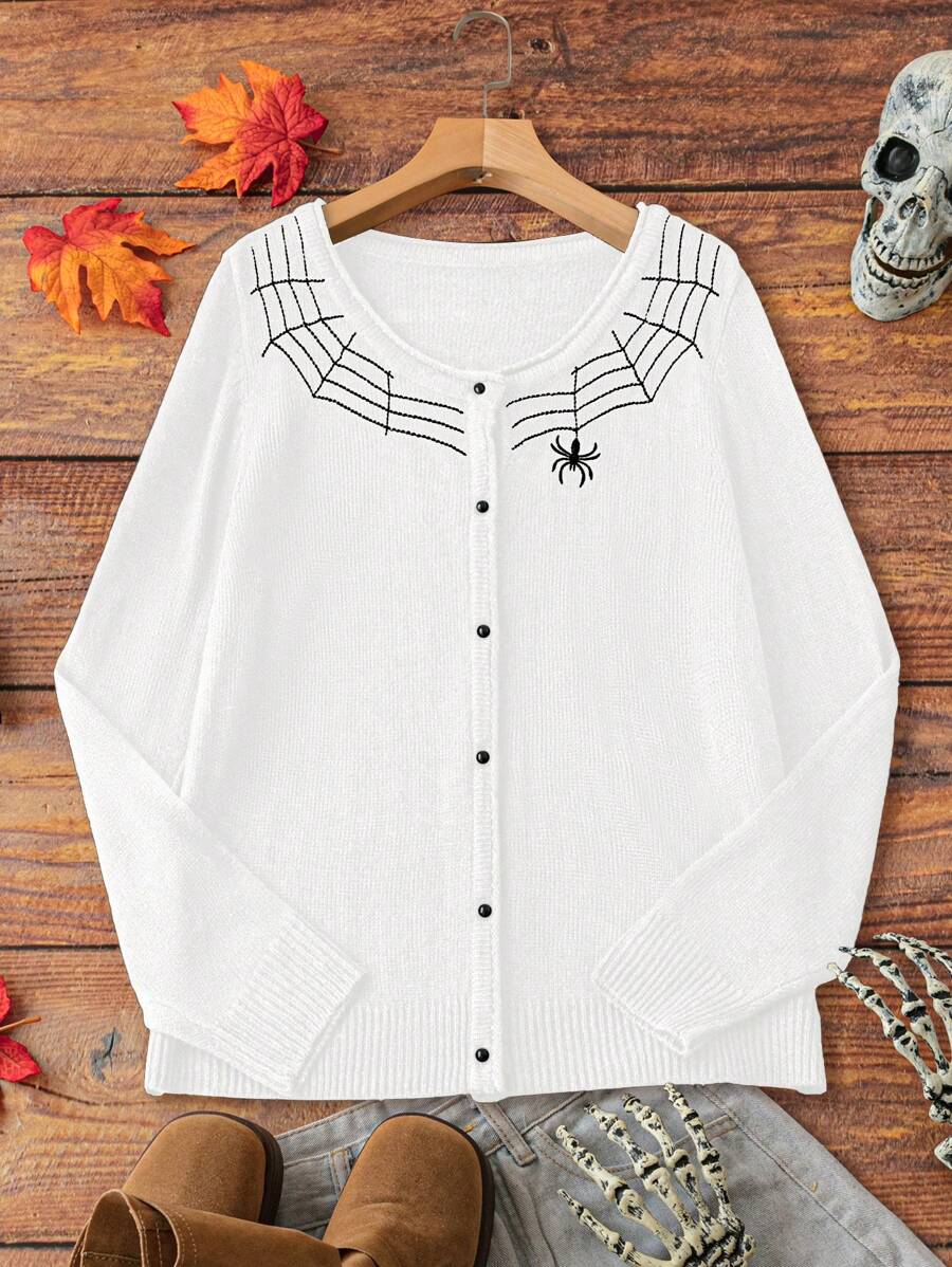 大码蜘蛛印花前扣针织开衫，休闲日常穿着，秋冬季