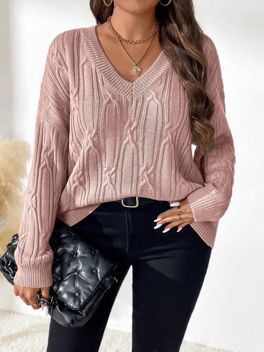 SHEIN LUNE Áo len dệt kim dáng rộng, màu trơn, vai rớt, cỡ lớn, thích hợp cho mùa thu/đông. - Bụi hồng - Xem 1