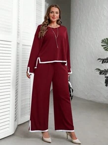 EMERY ROSE Plus Size Dames Zwarte Ronde Hals Lange Mouw Zijsplit Zoom Top En Wijde Pijpen Broek Herfst Sets