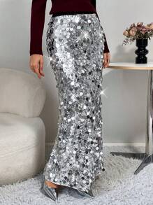 SHEIN Essnce 女士简约亮片装饰及膝长裙，休闲日常穿着 - 銀色 - 查看 5